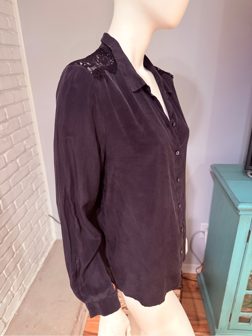 Sézane Black Silk Lace Yoke Button Front Blouse Size 44 French Chic - Picture 6 of 16